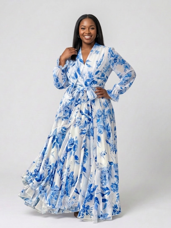 Layla | Blomster Langærmet Wrap Maxi Kjole