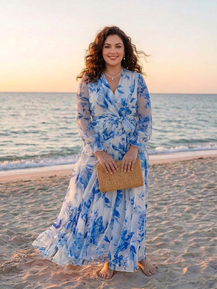 Layla | Blomster Langærmet Wrap Maxi Kjole