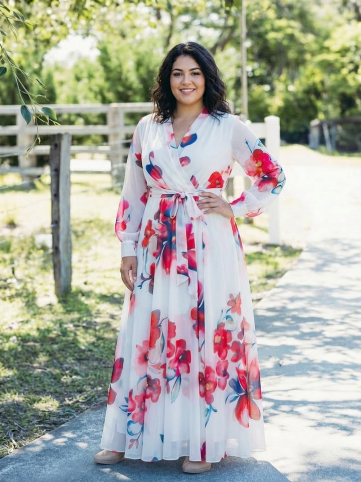 Layla | Blomster Langærmet Wrap Maxi Kjole