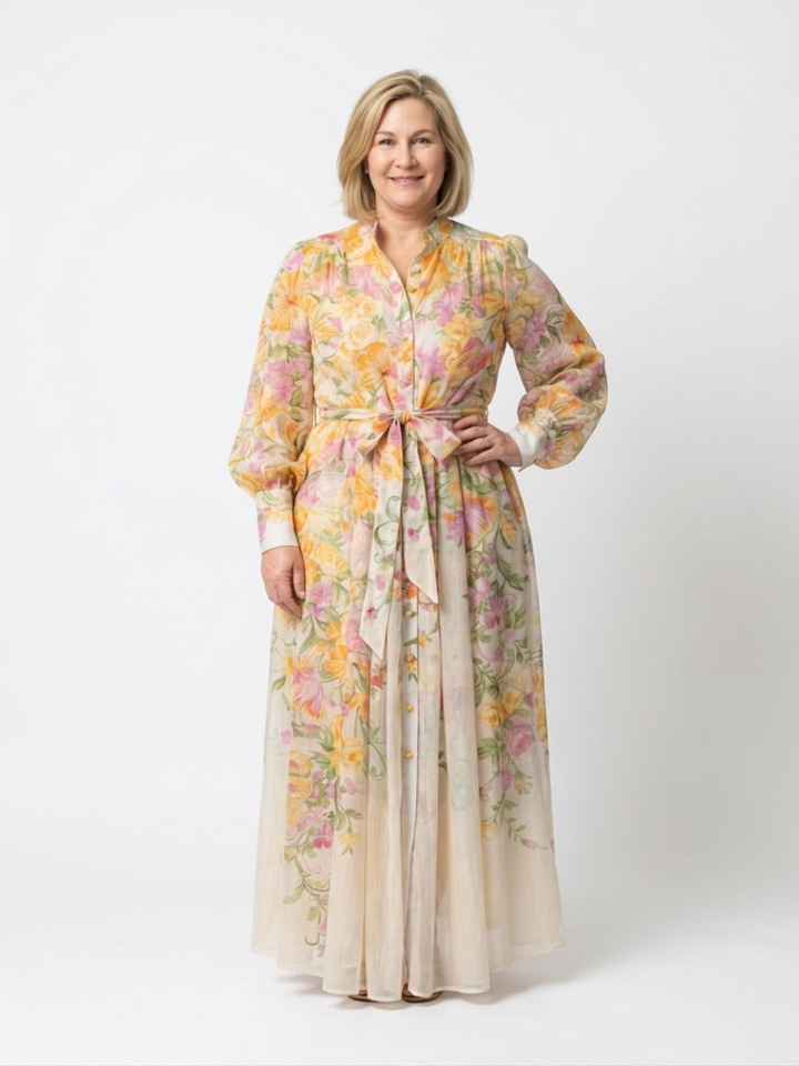 Sunniva | Blomsterprint Gennemsigtig Langærmet Maxi Kjole