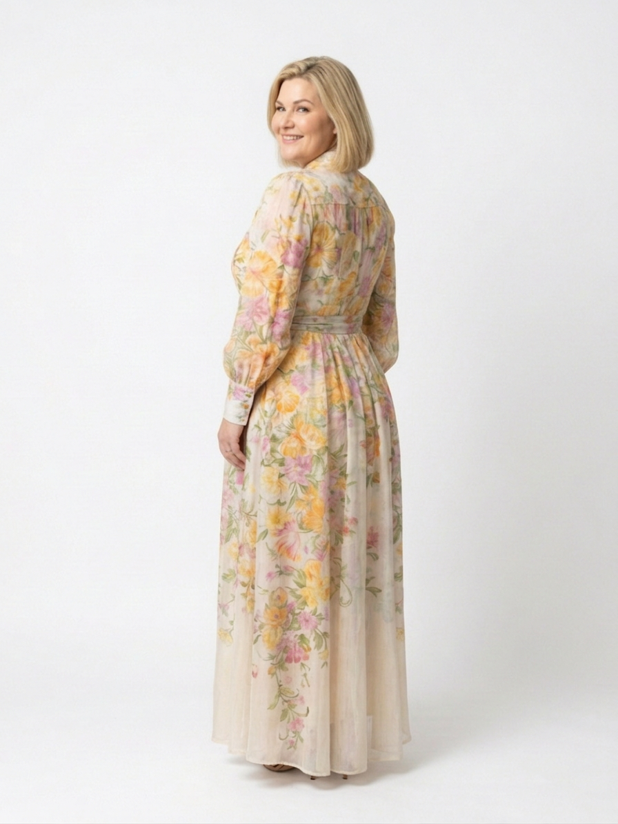 Sunniva | Blomsterprint Gennemsigtig Langærmet Maxi Kjole