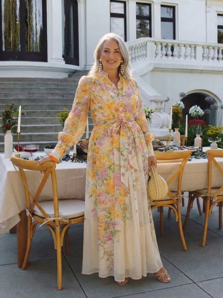 Sunniva | Blomsterprint Gennemsigtig Langærmet Maxi Kjole