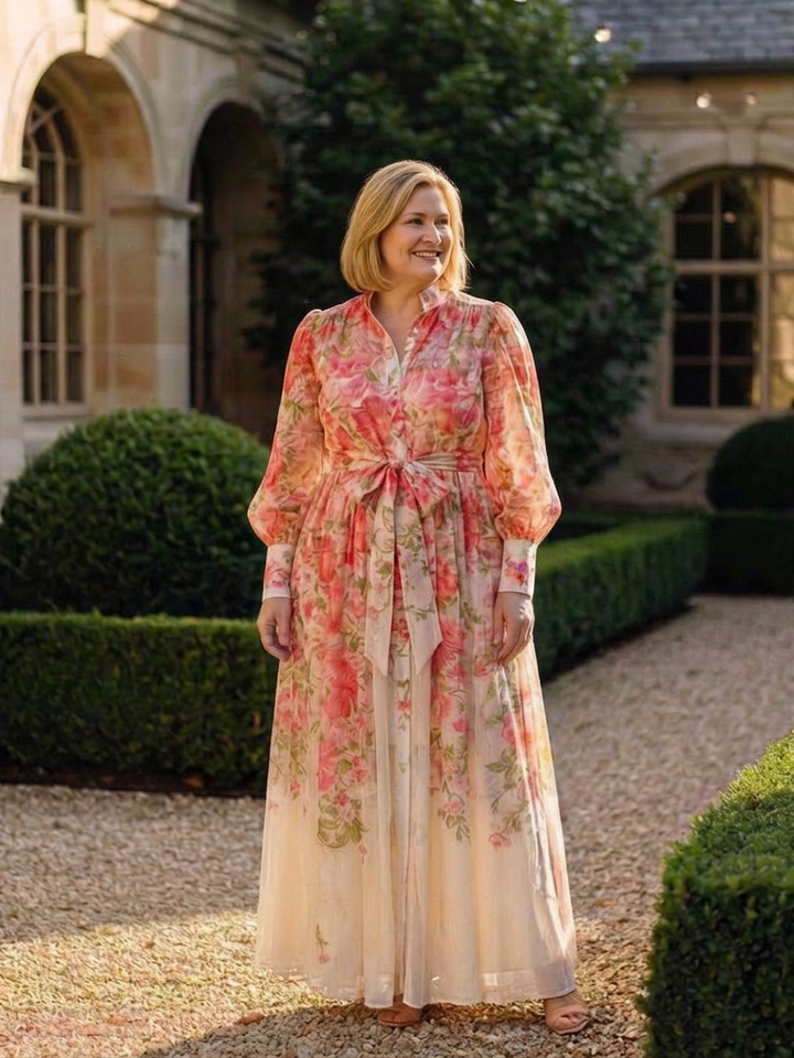 Sunniva | Blomsterprint Gennemsigtig Langærmet Maxi Kjole
